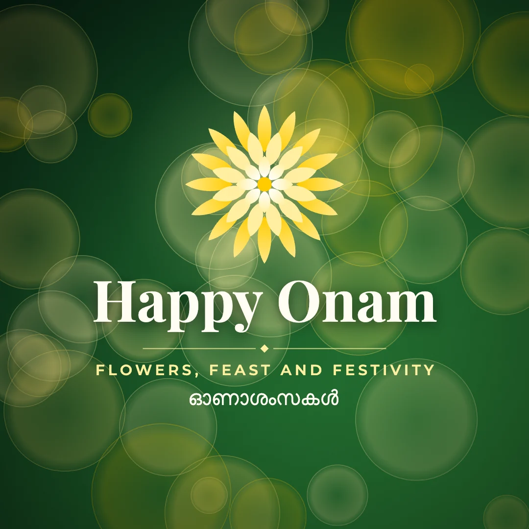 Happy Onam greeting image in bokeh lights style with the wish “Flowers, feast and festivity” and the greeting in Malayalam