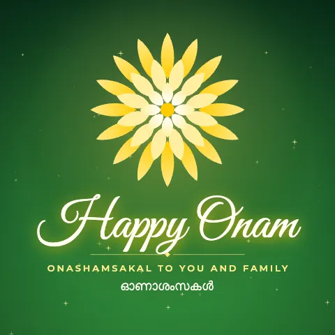 Happy Onam greeting image in golden glow style with the wish “Onashamsakal to you and family” and the greeting in Malayalam