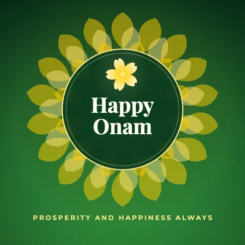Happy Onam greeting image in mandala circle style with the wish “Prosperity and happiness always”