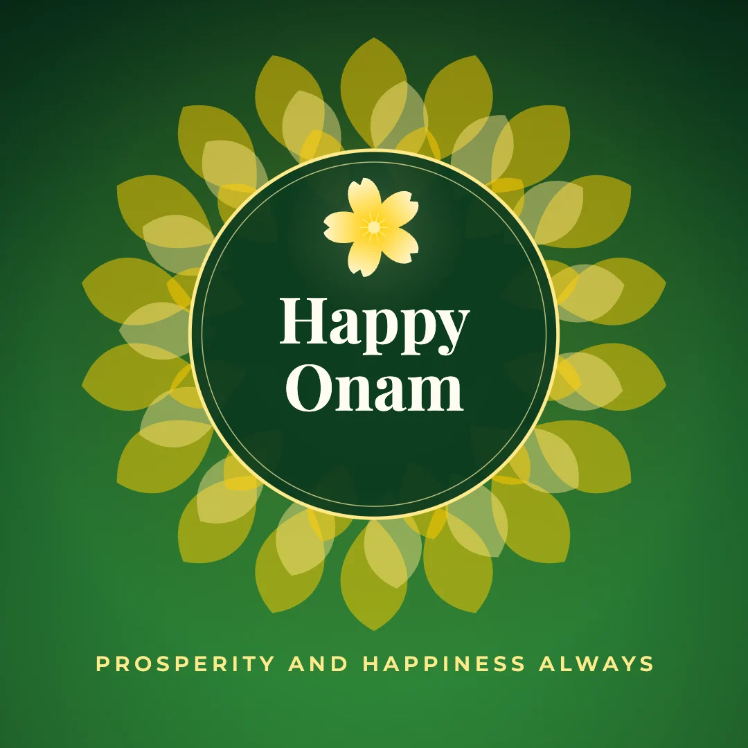 Happy Onam greeting image in mandala circle style with the wish “Prosperity and happiness always”