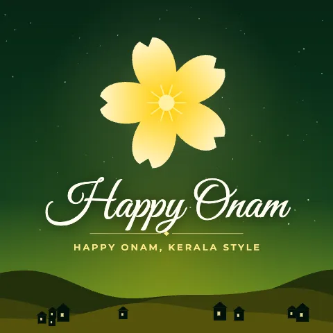 Happy Onam greeting image in night skyline style with the wish “Happy Onam, Kerala style”