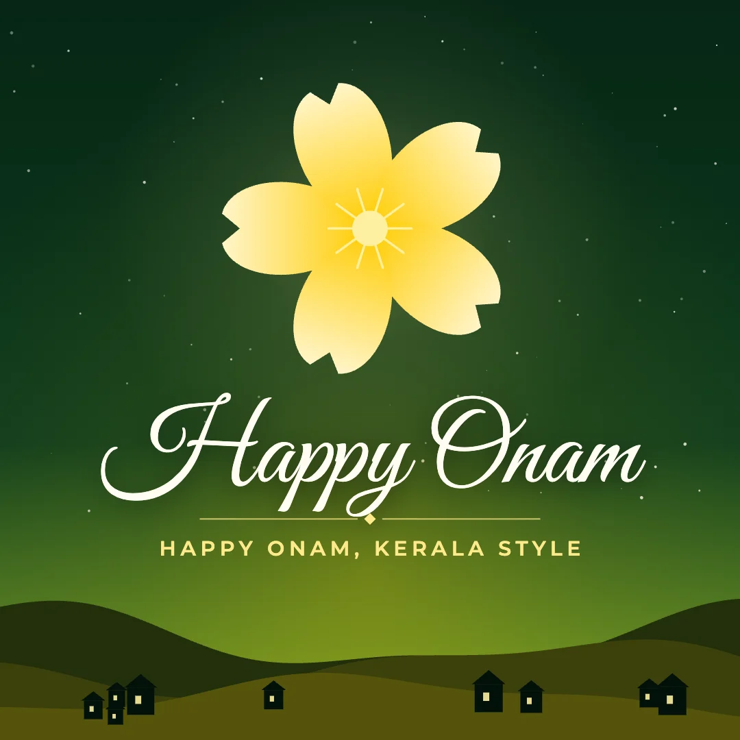Happy Onam greeting image in night skyline style with the wish “Happy Onam, Kerala style”