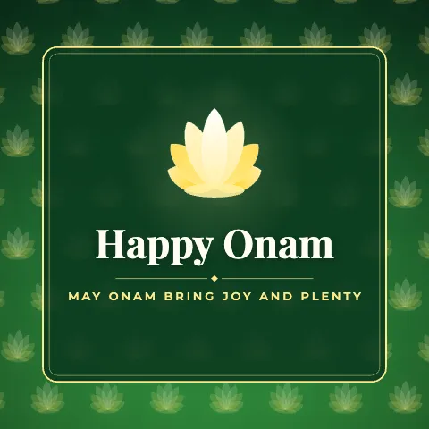 Happy Onam greeting image in pattern panel style with the wish “May Onam bring joy and plenty”