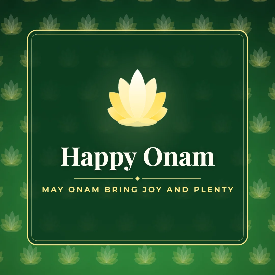 Happy Onam greeting image in pattern panel style with the wish “May Onam bring joy and plenty”
