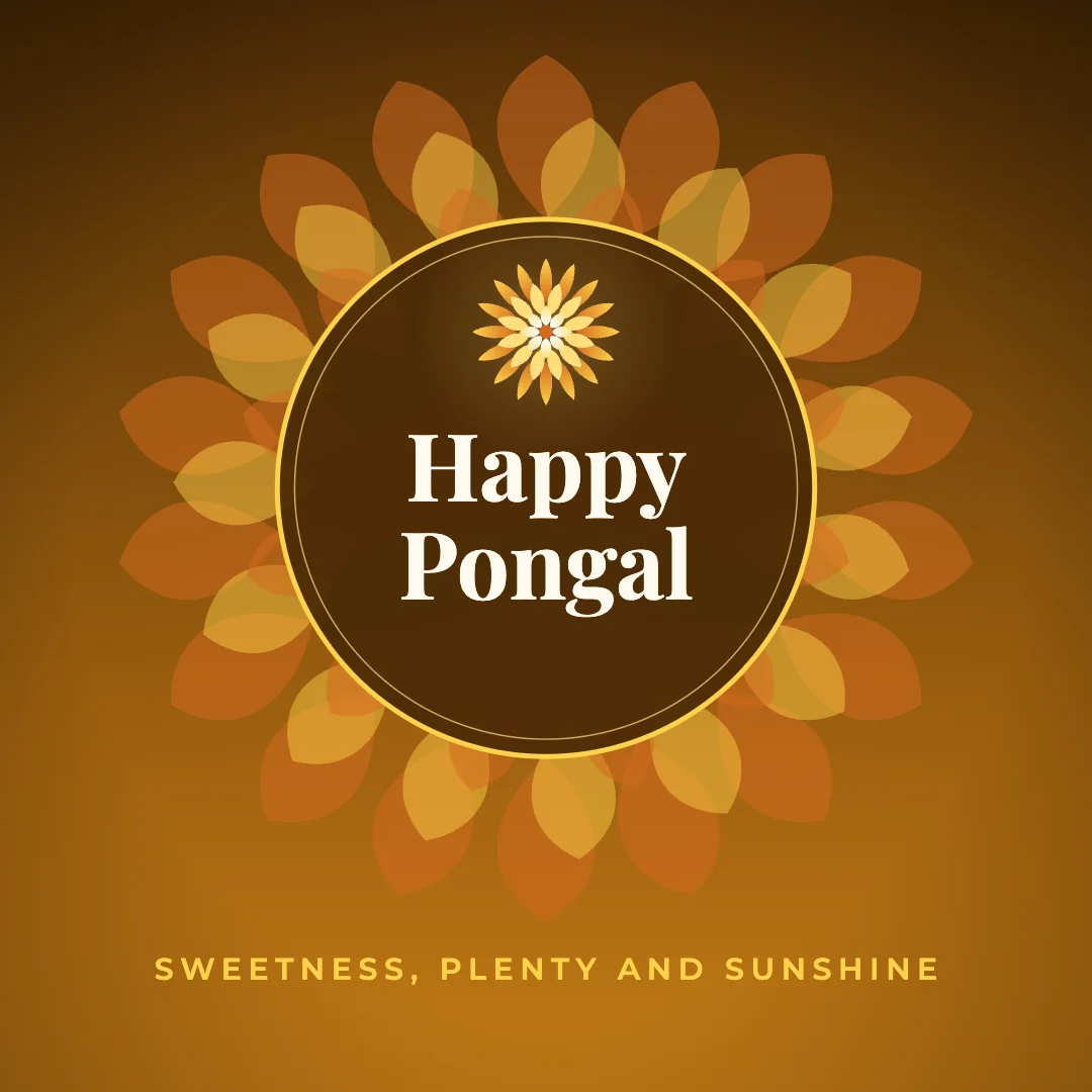 Happy Pongal greeting image in mandala circle style with the wish “Sweetness, plenty and sunshine”