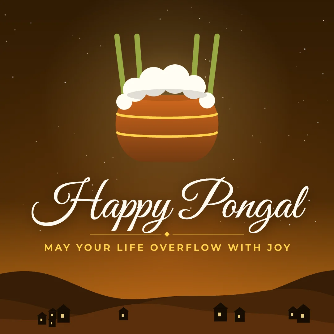 Happy Pongal greeting image in night skyline style with the wish “May your life overflow with joy”