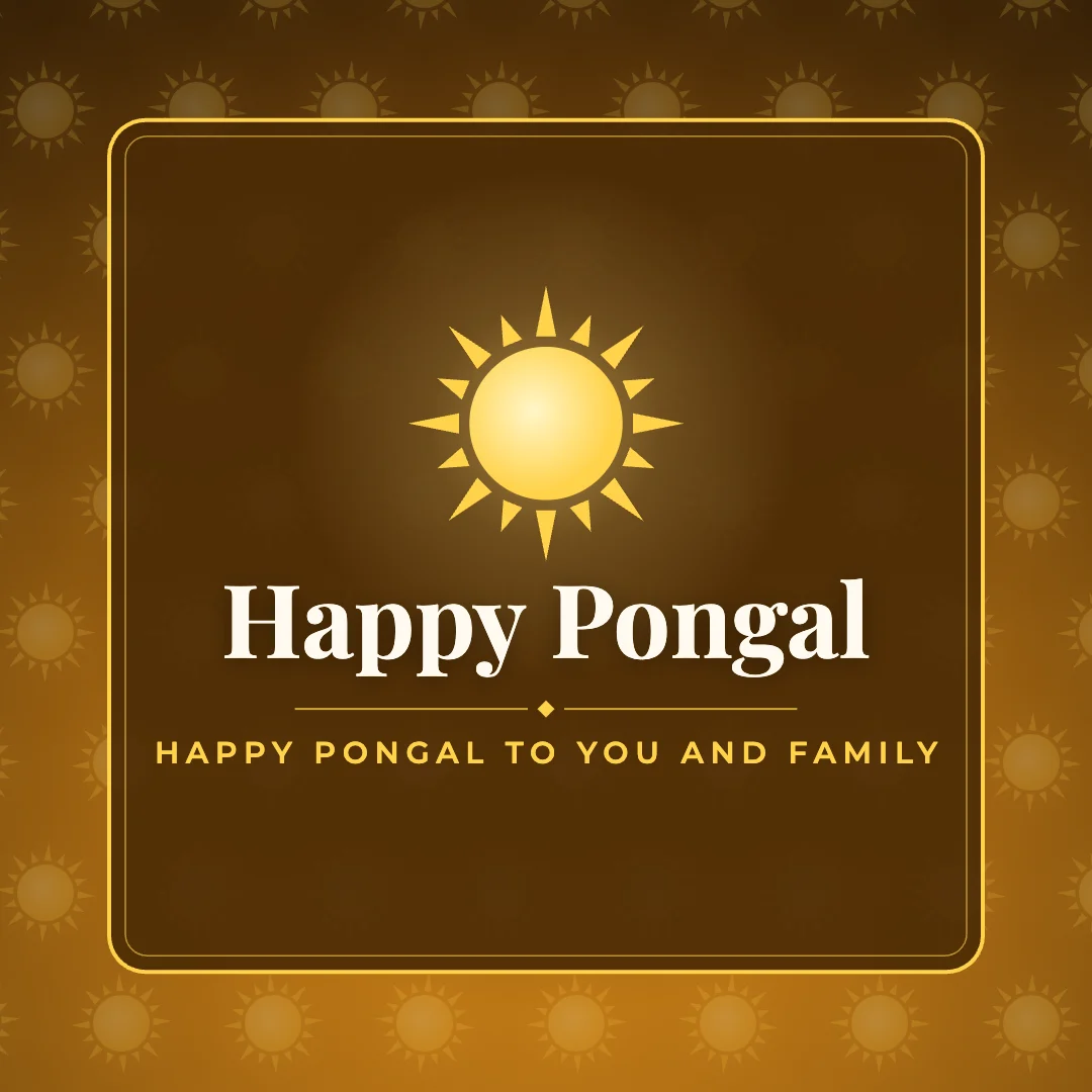 Happy Pongal greeting image in pattern panel style with the wish “Happy Pongal to you and family”