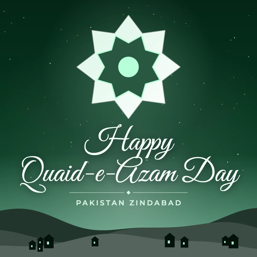 Happy Quaid-e-Azam Day greeting image in night skyline style with the wish “Pakistan Zindabad”