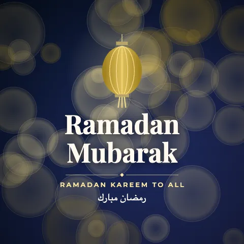 Ramadan Mubarak greeting image in bokeh lights style with the wish “Ramadan Kareem to all” and the greeting in Arabic