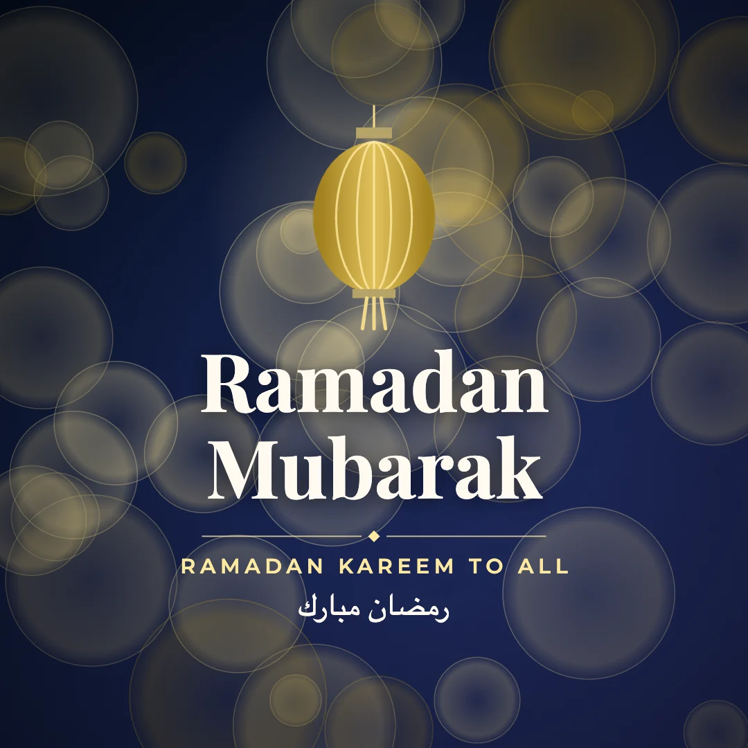 Ramadan Mubarak greeting image in bokeh lights style with the wish “Ramadan Kareem to all” and the greeting in Arabic
