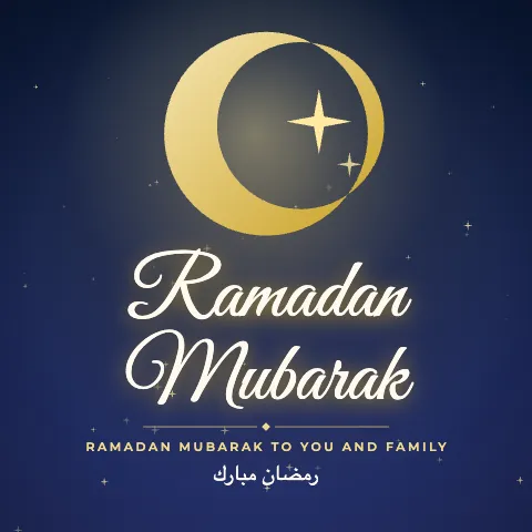 Ramadan Mubarak greeting image in golden glow style with the wish “Ramadan Mubarak to you and family” and the greeting in Arabic