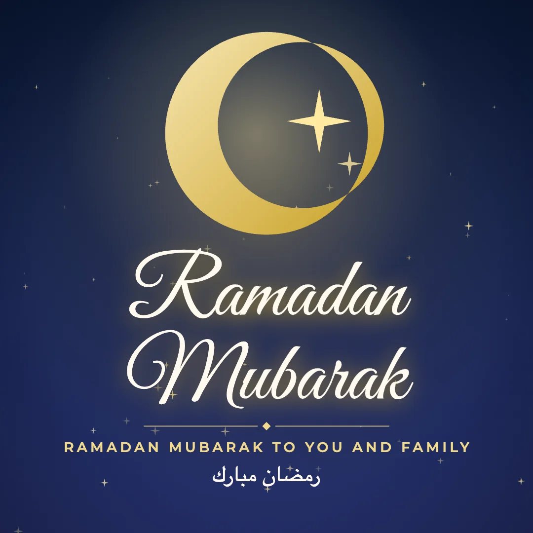 Ramadan Mubarak greeting image in golden glow style with the wish “Ramadan Mubarak to you and family” and the greeting in Arabic
