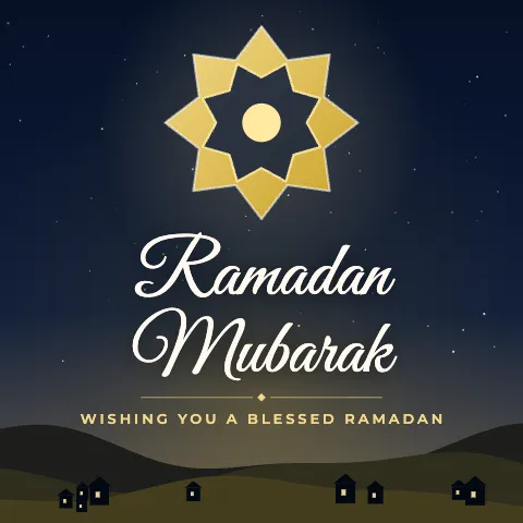 Ramadan Mubarak greeting image in night skyline style with the wish “Wishing you a blessed Ramadan”