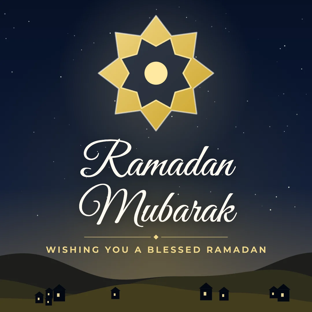 Ramadan Mubarak greeting image in night skyline style with the wish “Wishing you a blessed Ramadan”
