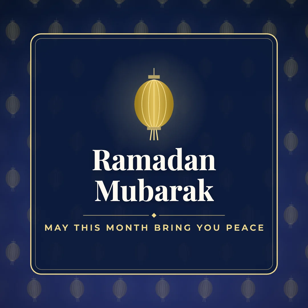 Ramadan Mubarak greeting image in pattern panel style with the wish “May this month bring you peace”