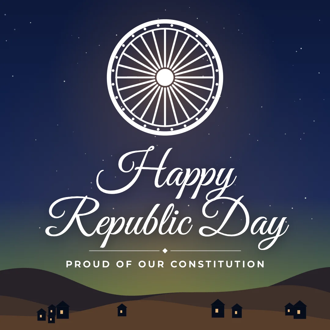 Happy Republic Day greeting image in night skyline style with the wish “Proud of our Constitution”