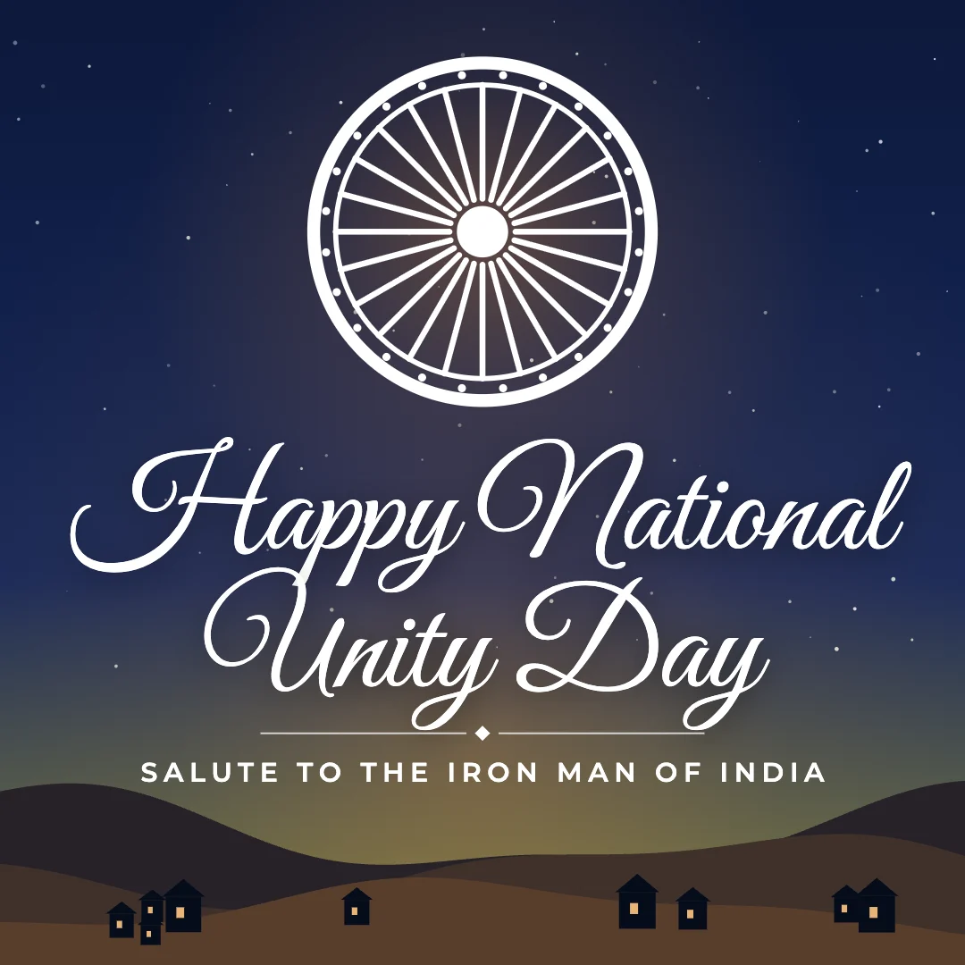 Happy National Unity Day greeting image in night skyline style with the wish “Salute to the Iron Man of India”