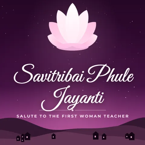 Savitribai Phule Jayanti greeting image in night skyline style with the wish “Salute to the first woman teacher”