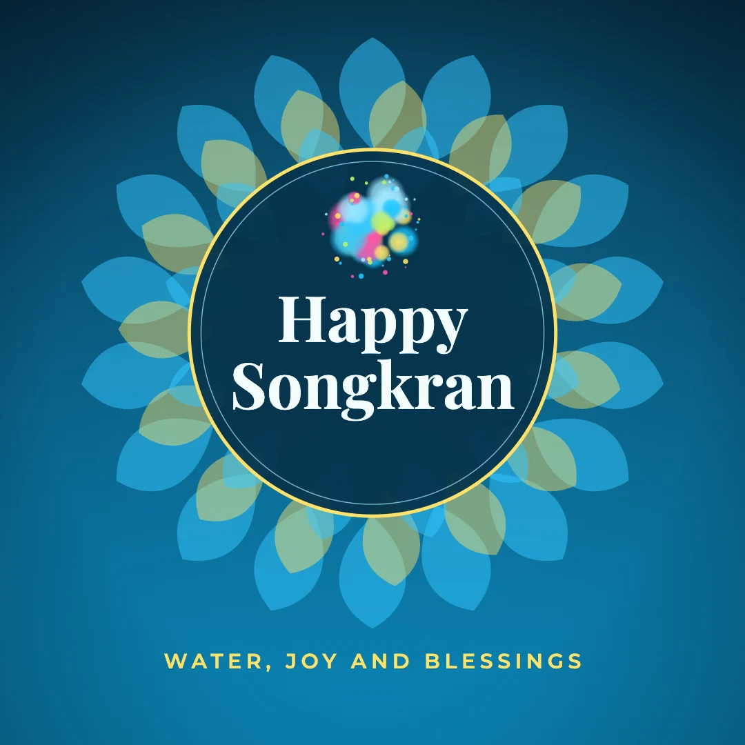 Happy Songkran greeting image in mandala circle style with the wish “Water, joy and blessings”