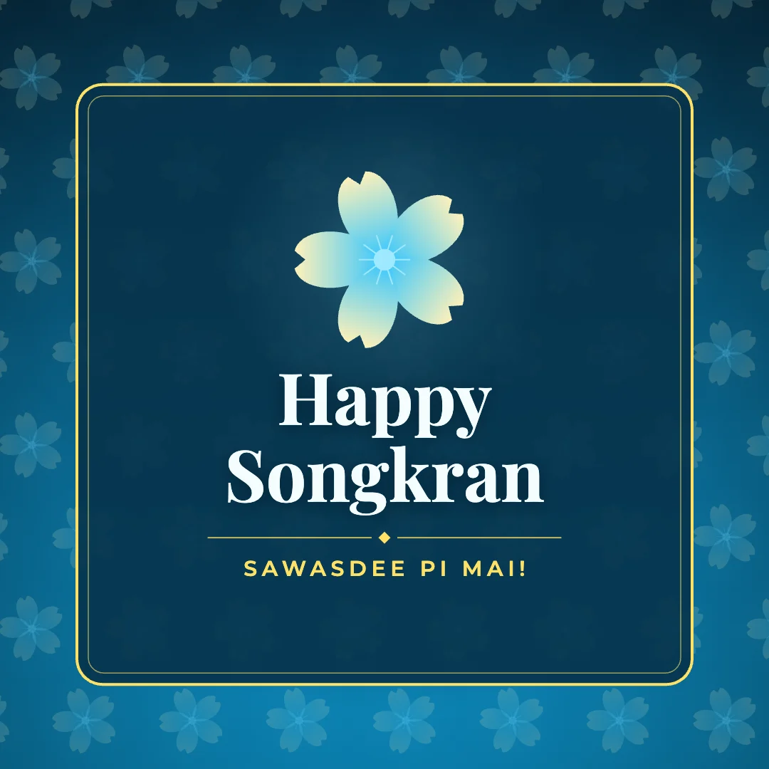 Happy Songkran greeting image in pattern panel style with the wish “Sawasdee Pi Mai!”