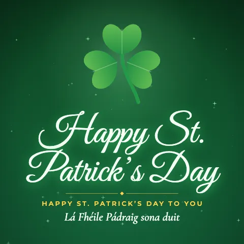 Happy St. Patrick’s Day greeting image in golden glow style with the wish “Happy St. Patrick’s Day to you” and the greeting in Irish