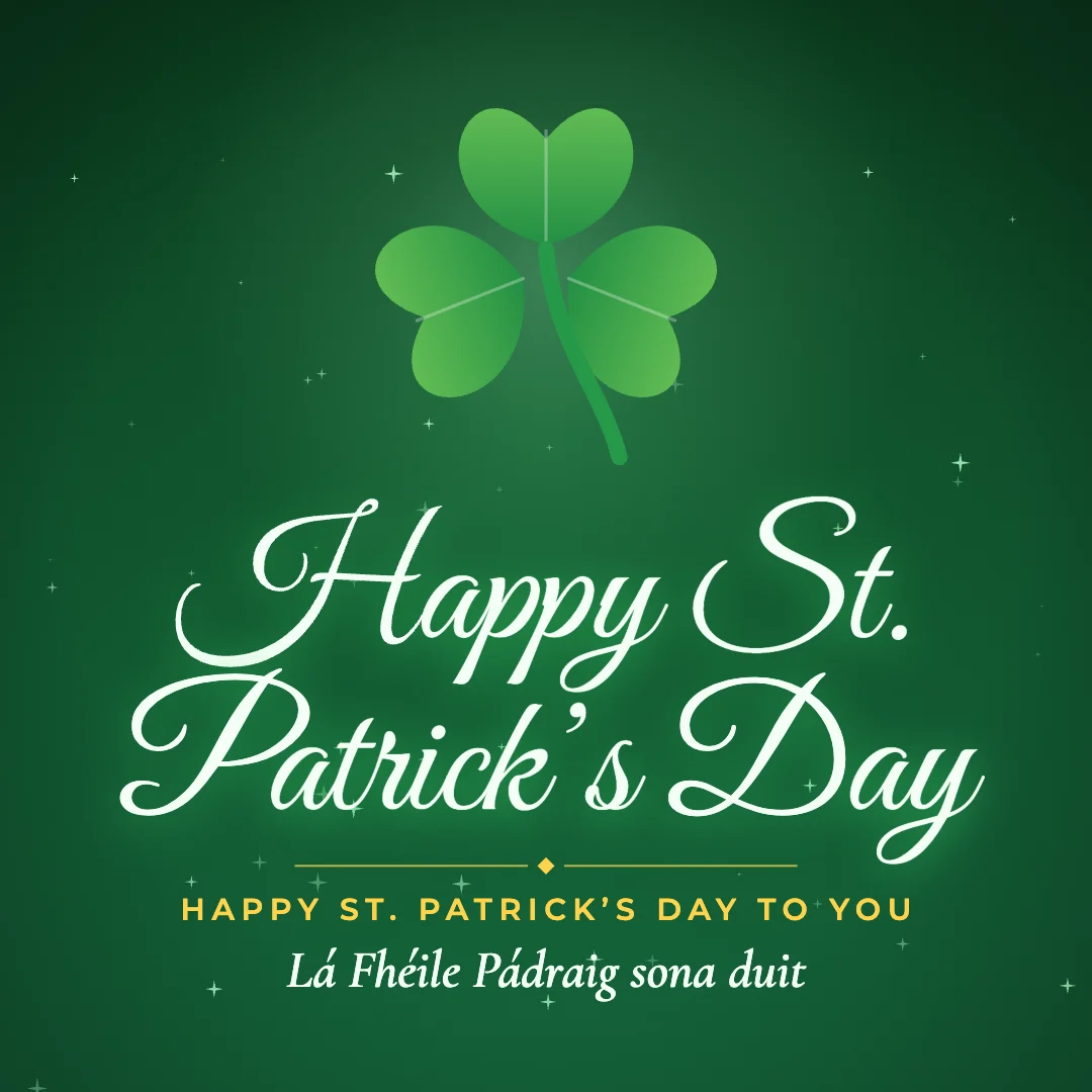 Happy St. Patrick’s Day greeting image in golden glow style with the wish “Happy St. Patrick’s Day to you” and the greeting in Irish