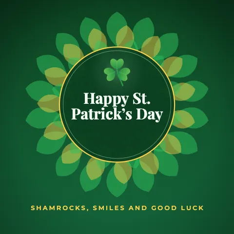 Happy St. Patrick’s Day greeting image in mandala circle style with the wish “Shamrocks, smiles and good luck”
