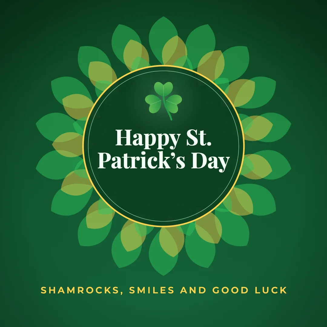 Happy St. Patrick’s Day greeting image in mandala circle style with the wish “Shamrocks, smiles and good luck”