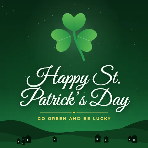 Happy St. Patrick’s Day greeting image in night skyline style with the wish “Go green and be lucky”
