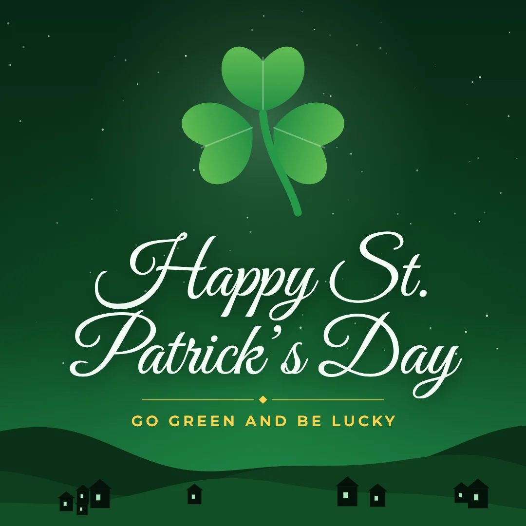 Happy St. Patrick’s Day greeting image in night skyline style with the wish “Go green and be lucky”