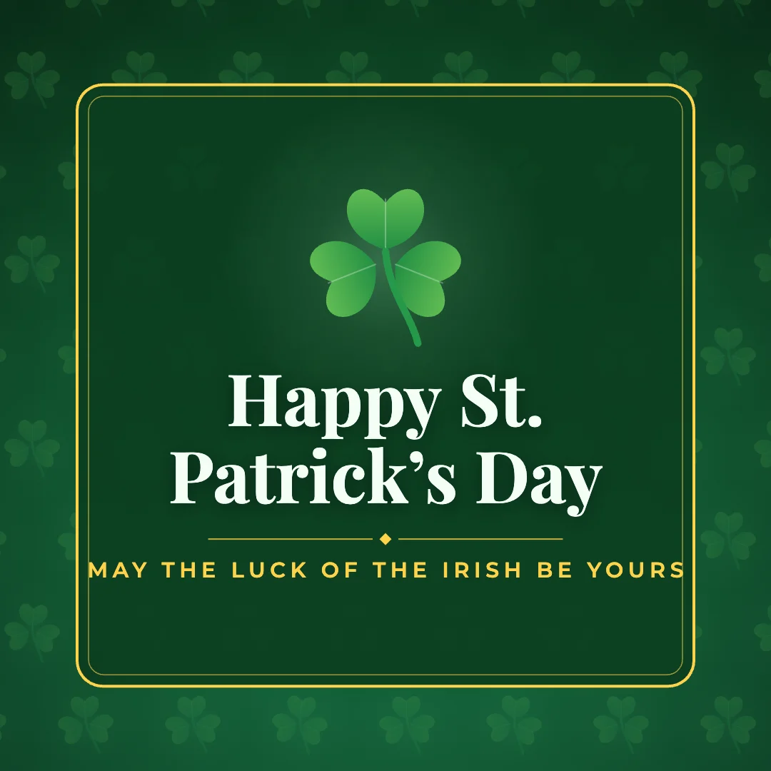 Happy St. Patrick’s Day greeting image in pattern panel style with the wish “May the luck of the Irish be yours”