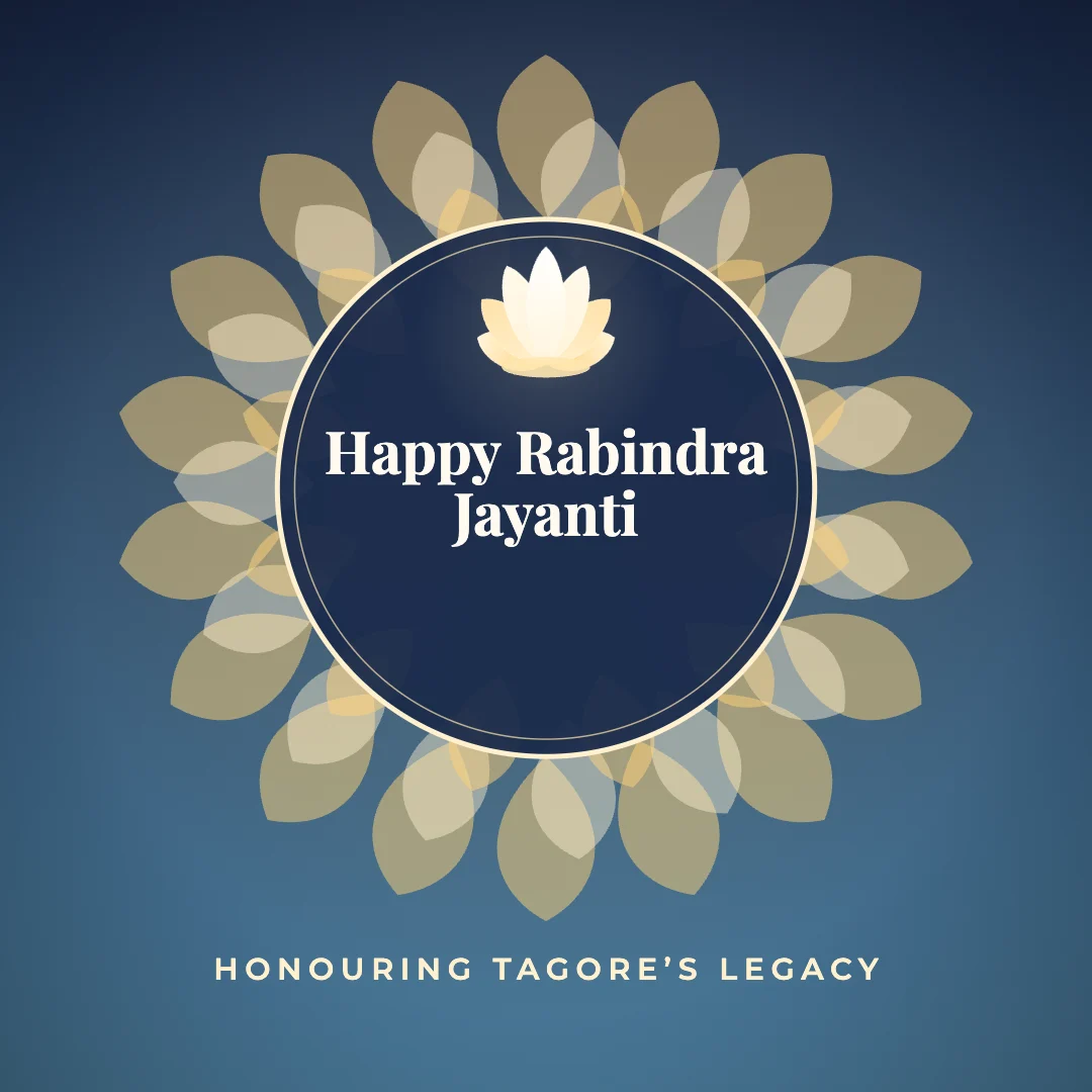 Happy Rabindra Jayanti greeting image in mandala circle style with the wish “Honouring Tagore’s legacy”