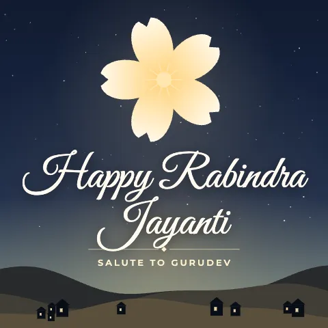 Happy Rabindra Jayanti greeting image in night skyline style with the wish “Salute to Gurudev”