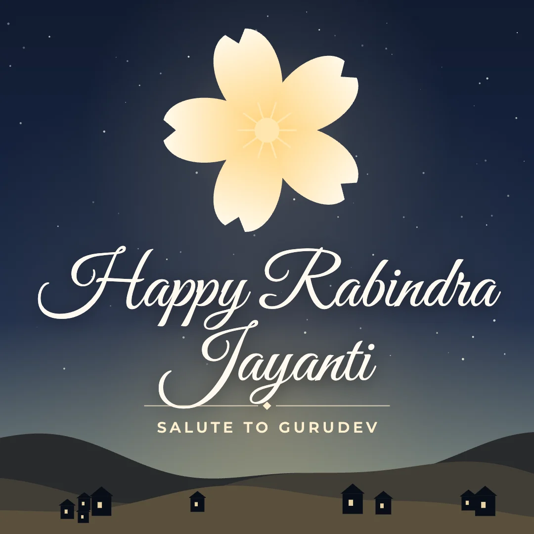 Happy Rabindra Jayanti greeting image in night skyline style with the wish “Salute to Gurudev”