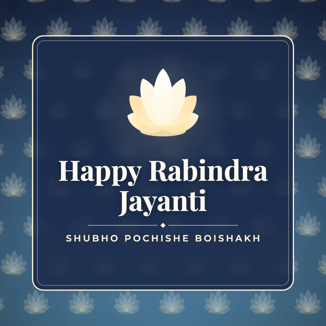 Happy Rabindra Jayanti greeting image in pattern panel style with the wish “Shubho Pochishe Boishakh”