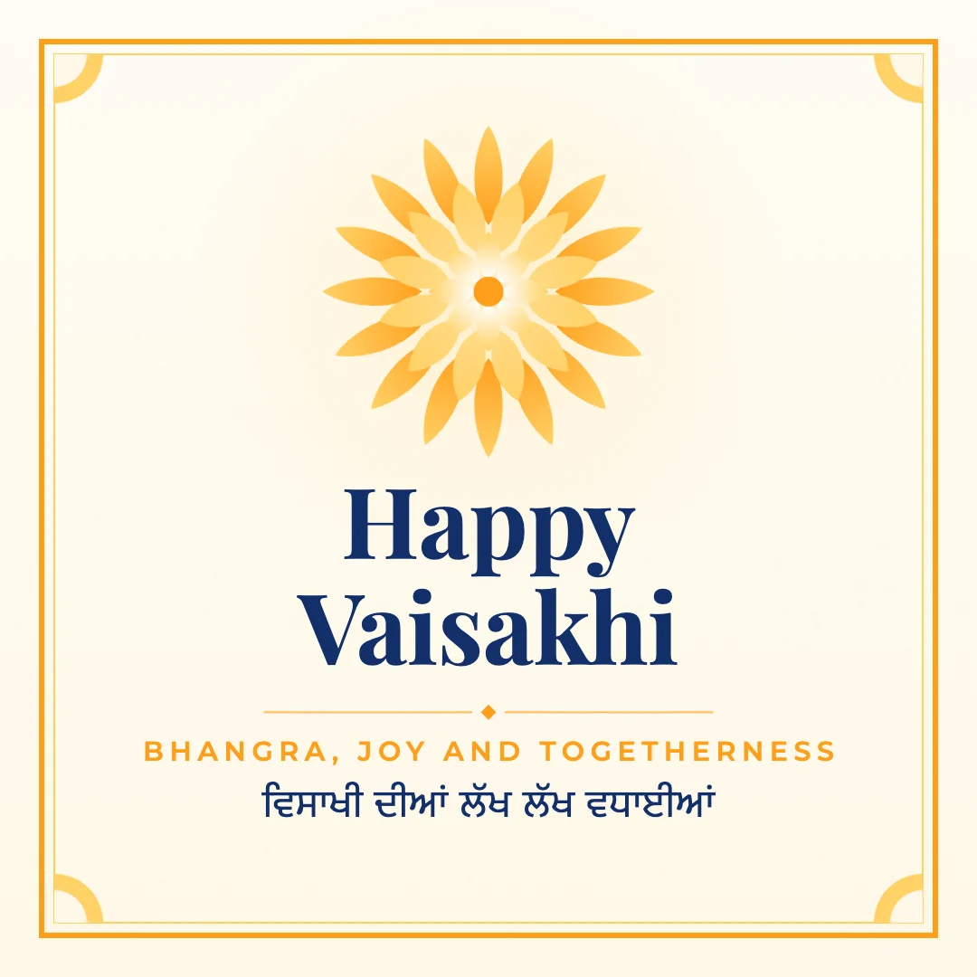Happy Vaisakhi greeting image in classic frame style with the wish “Bhangra, joy and togetherness” and the greeting in Punjabi