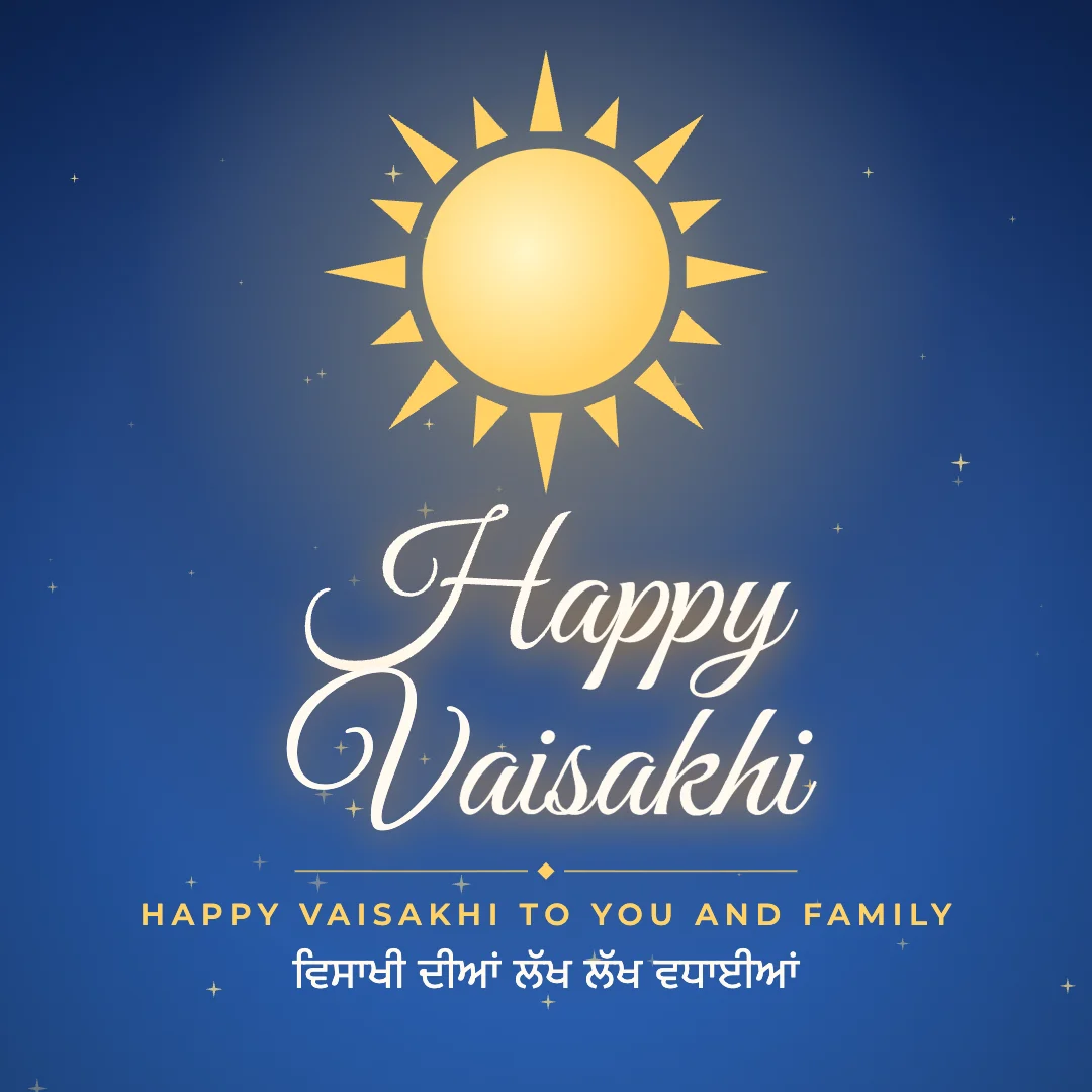 Happy Vaisakhi greeting image in golden glow style with the wish “Happy Vaisakhi to you and family” and the greeting in Punjabi