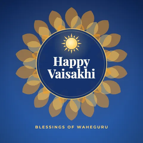 Happy Vaisakhi greeting image in mandala circle style with the wish “Blessings of Waheguru”