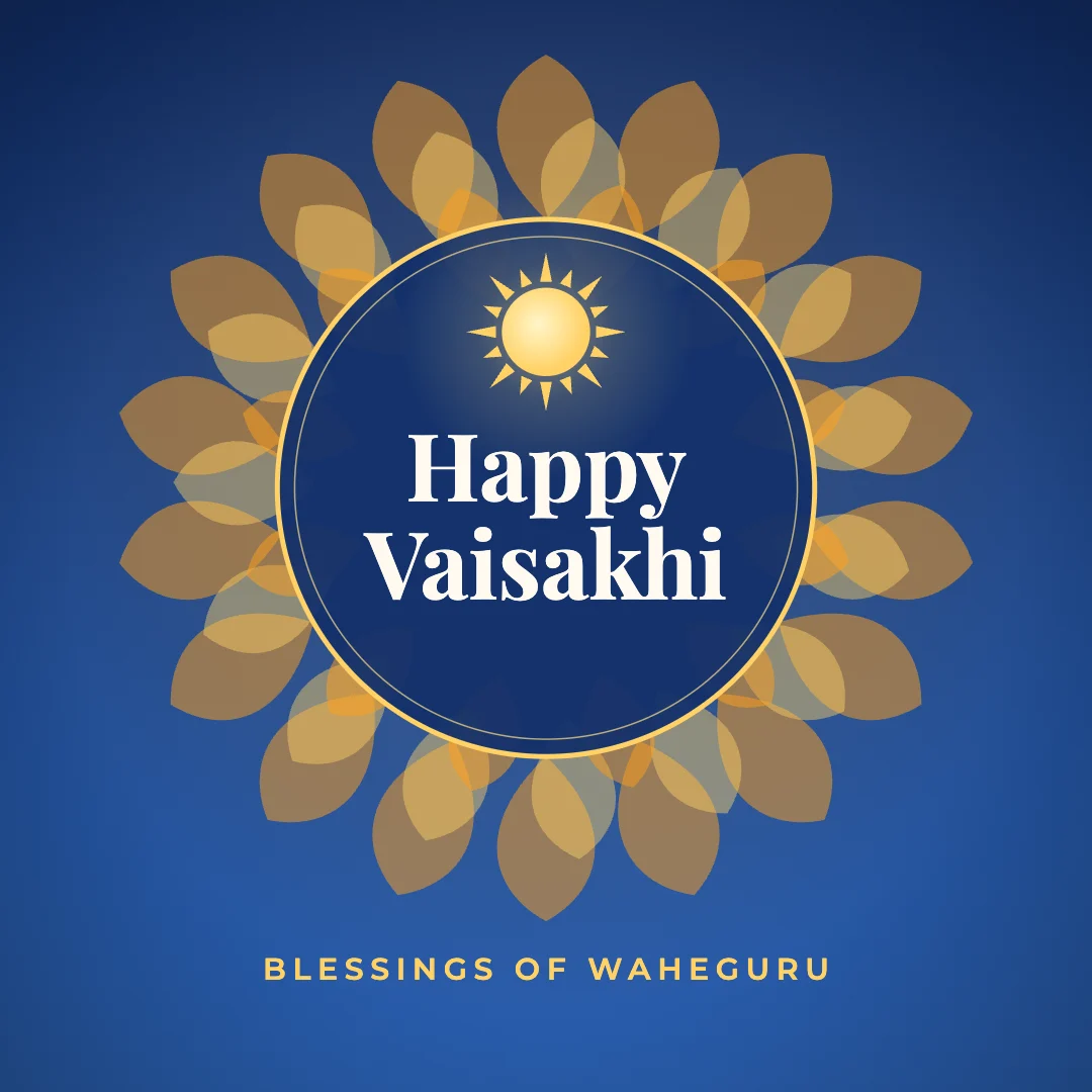 Happy Vaisakhi greeting image in mandala circle style with the wish “Blessings of Waheguru”