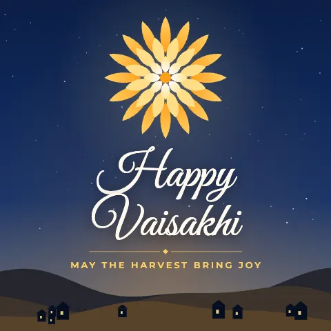 Happy Vaisakhi greeting image in night skyline style with the wish “May the harvest bring joy”
