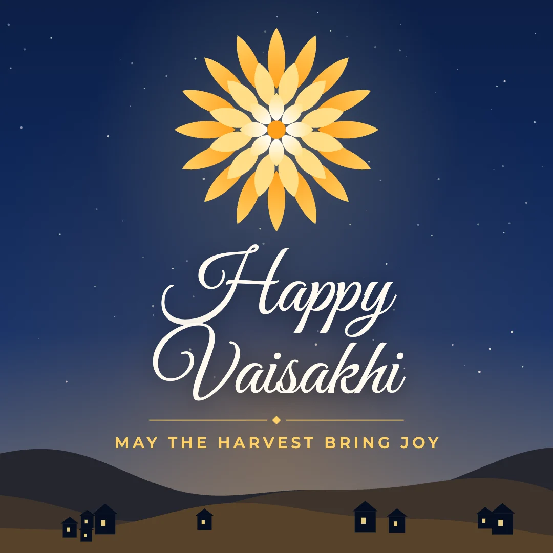 Happy Vaisakhi greeting image in night skyline style with the wish “May the harvest bring joy”