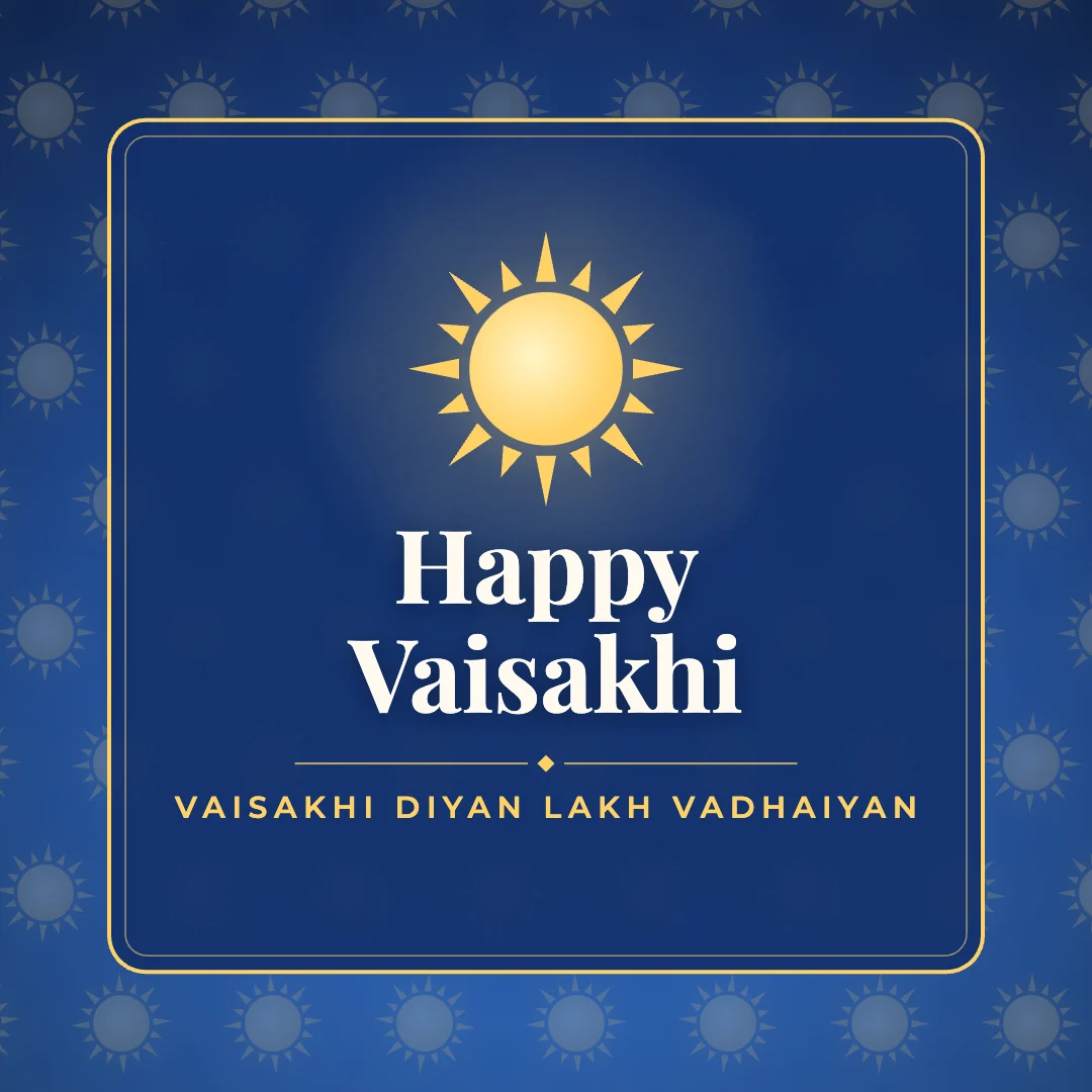 Happy Vaisakhi greeting image in pattern panel style with the wish “Vaisakhi diyan lakh vadhaiyan”