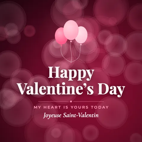 Happy Valentine’s Day greeting image in bokeh lights style with the wish “My heart is yours today” and the greeting in French