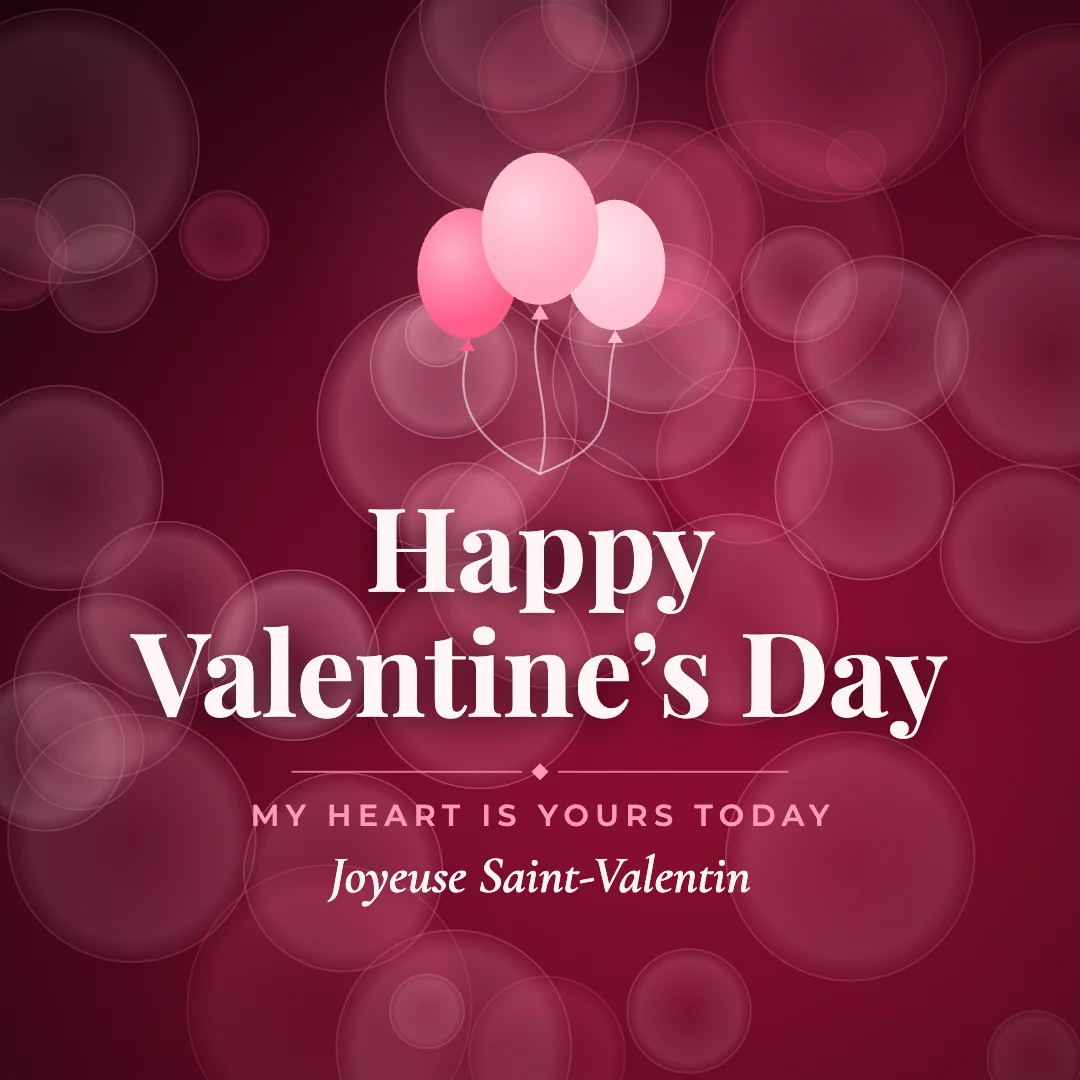 Happy Valentine’s Day greeting image in bokeh lights style with the wish “My heart is yours today” and the greeting in French
