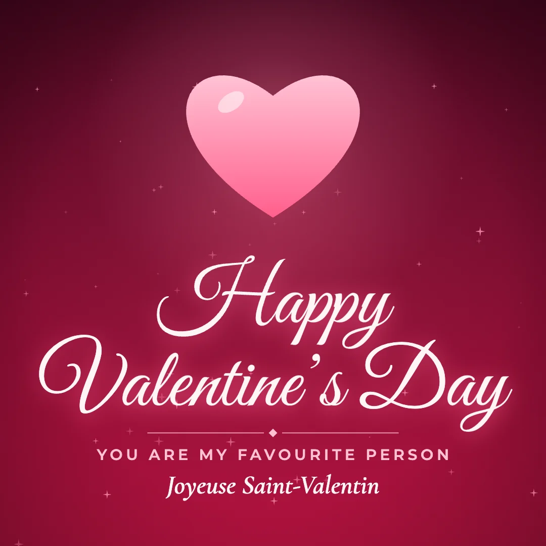 Happy Valentine’s Day greeting image in golden glow style with the wish “You are my favourite person” and the greeting in French