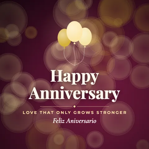 Happy Anniversary greeting image in bokeh lights style with the wish “Love that only grows stronger” and the greeting in Spanish