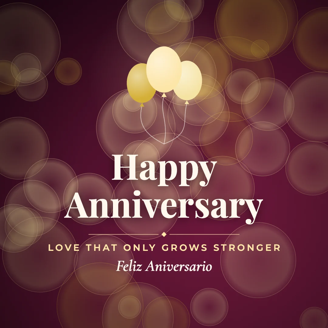 Happy Anniversary greeting image in bokeh lights style with the wish “Love that only grows stronger” and the greeting in Spanish