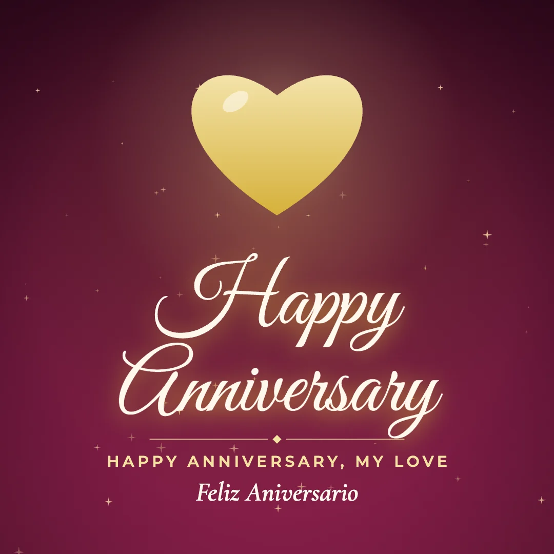 Happy Anniversary greeting image in golden glow style with the wish “Happy Anniversary, my love” and the greeting in Spanish