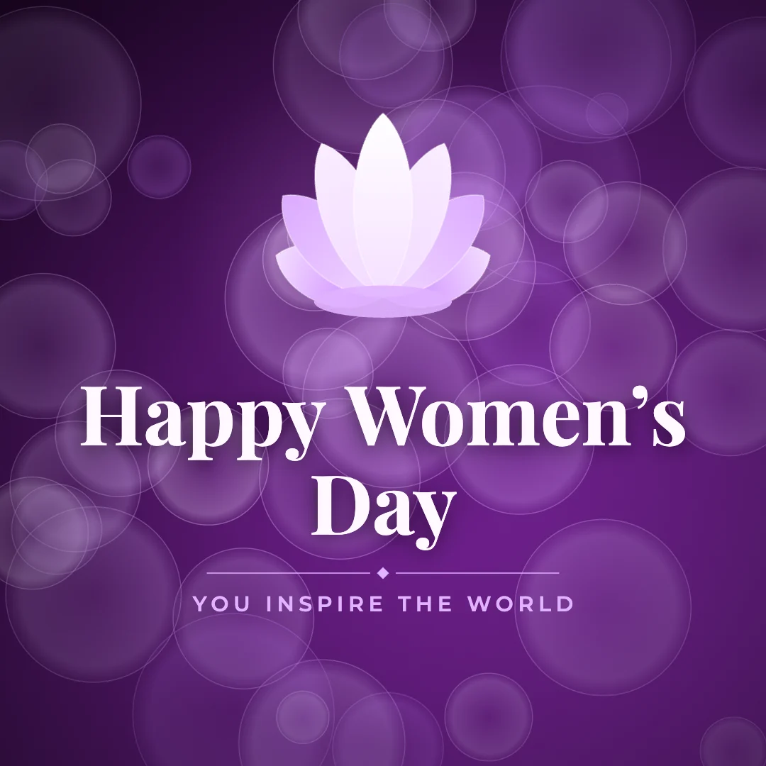 Happy Women’s Day greeting image in bokeh lights style with the wish “You inspire the world”