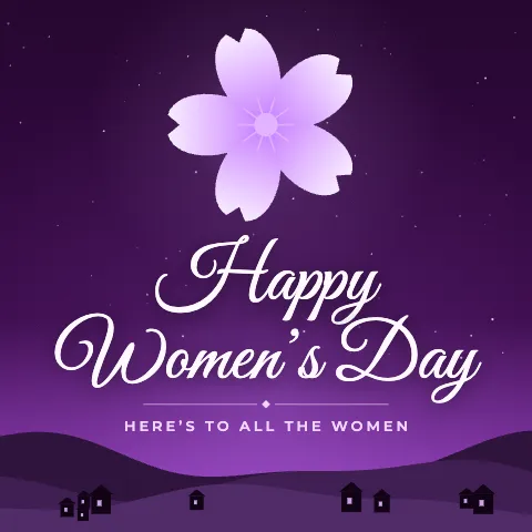 Happy Women’s Day greeting image in night skyline style with the wish “Here’s to all the women”